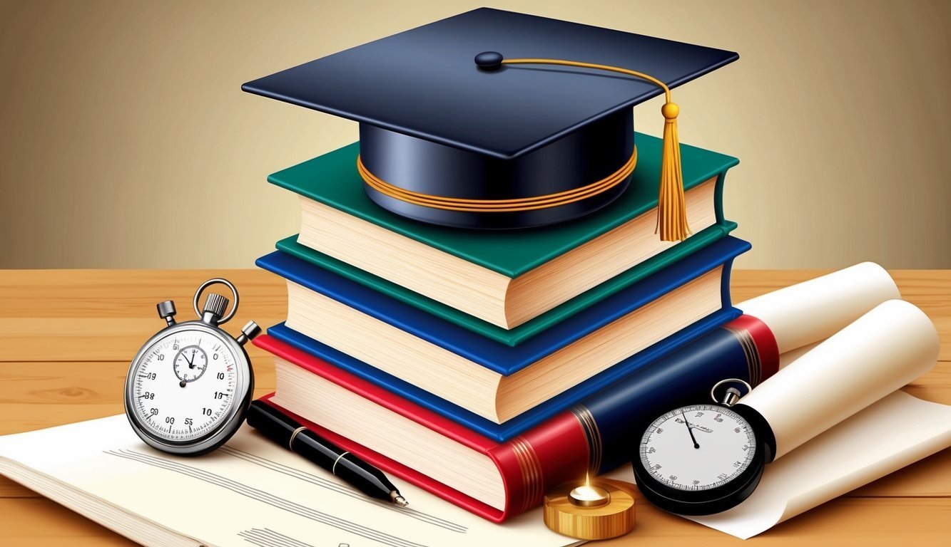 Graduation cap on books, diplomas, stopwatch, pen, and candle on desk