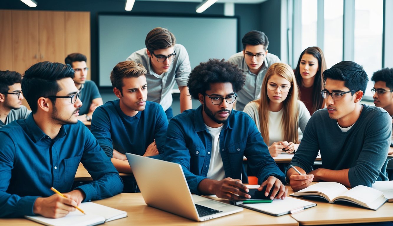 A group of students engage in intense discussions and collaborative problem-solving in a modern classroom setting.</p><p>The atmosphere is focused and driven, with a sense of purpose and determination