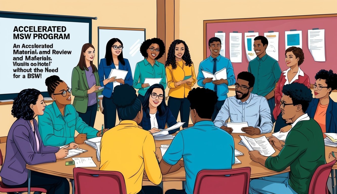 A group of diverse students gather in a classroom, discussing and reviewing materials for an accelerated MSW program without the need for a BSW