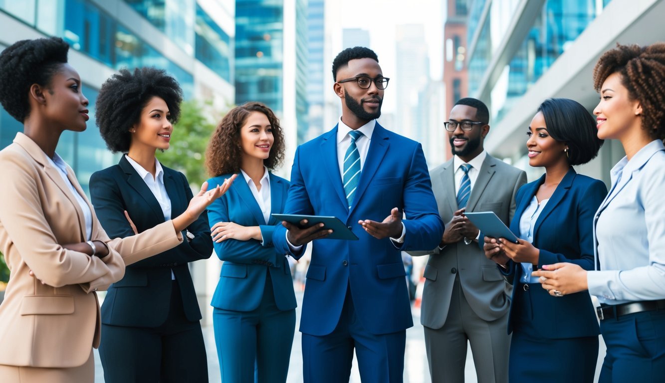 A group of diverse individuals in professional attire discussing career and licensure options in a modern, bustling city setting