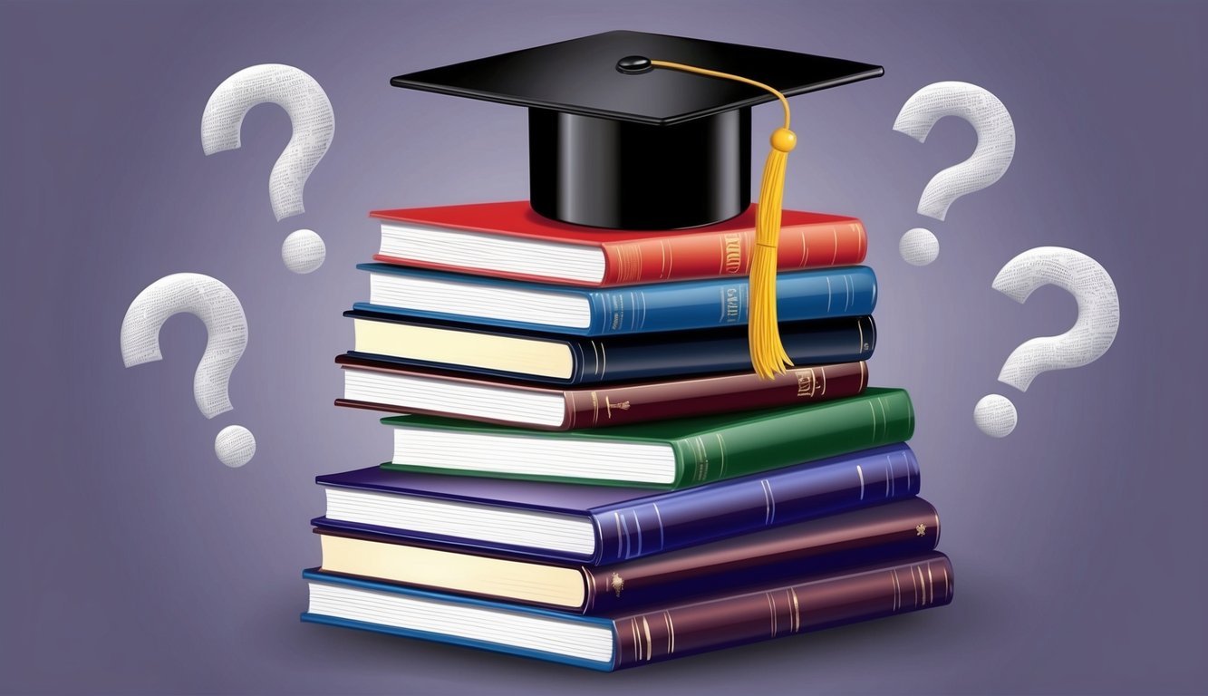 A stack of books with a graduation cap on top, surrounded by question marks