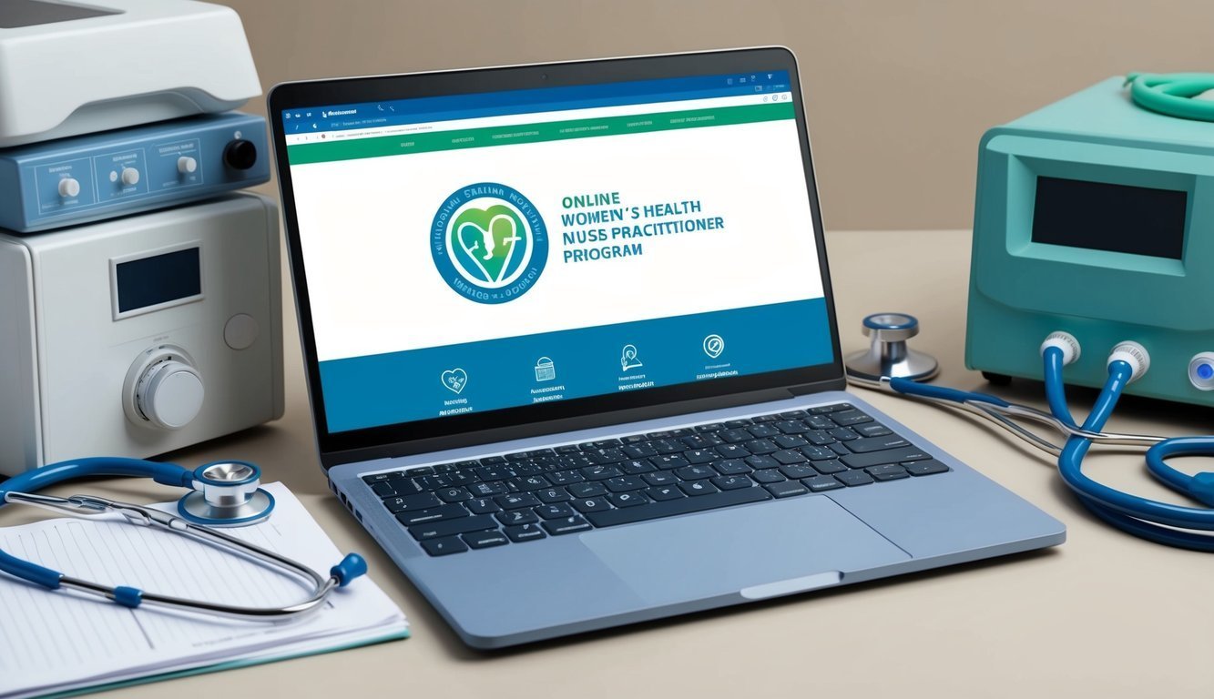 Laptop displaying an online women's health practitioner program, with medical equipment