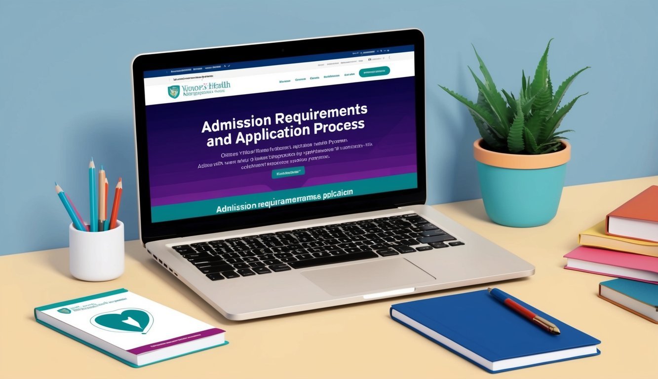 A laptop displaying a website with the title "Admission Requirements and Application Process" for online women's health NP programs