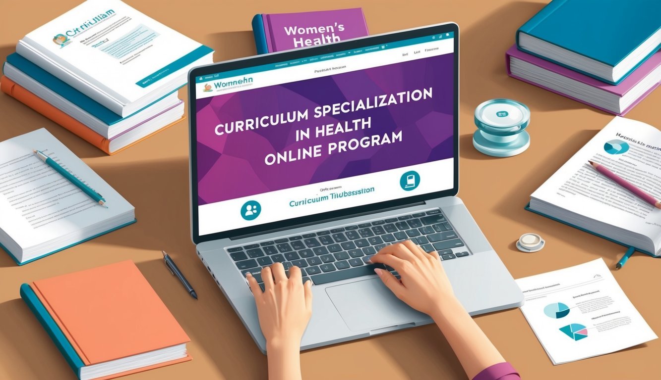 A laptop displaying a curriculum and specialization in women's health online program, surrounded by medical textbooks and research papers