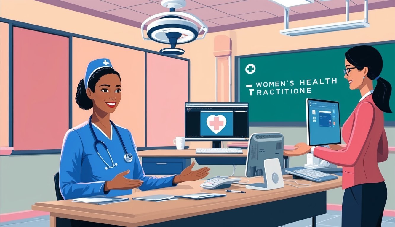 A virtual classroom with a computer, medical equipment, and a female nurse practitioner conducting a women's health training session