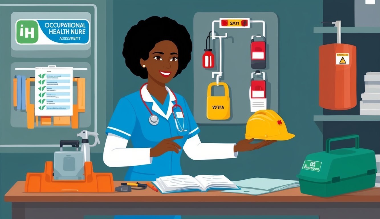 Occupational health nurse holding a hard hat, with medical equipment in the background
