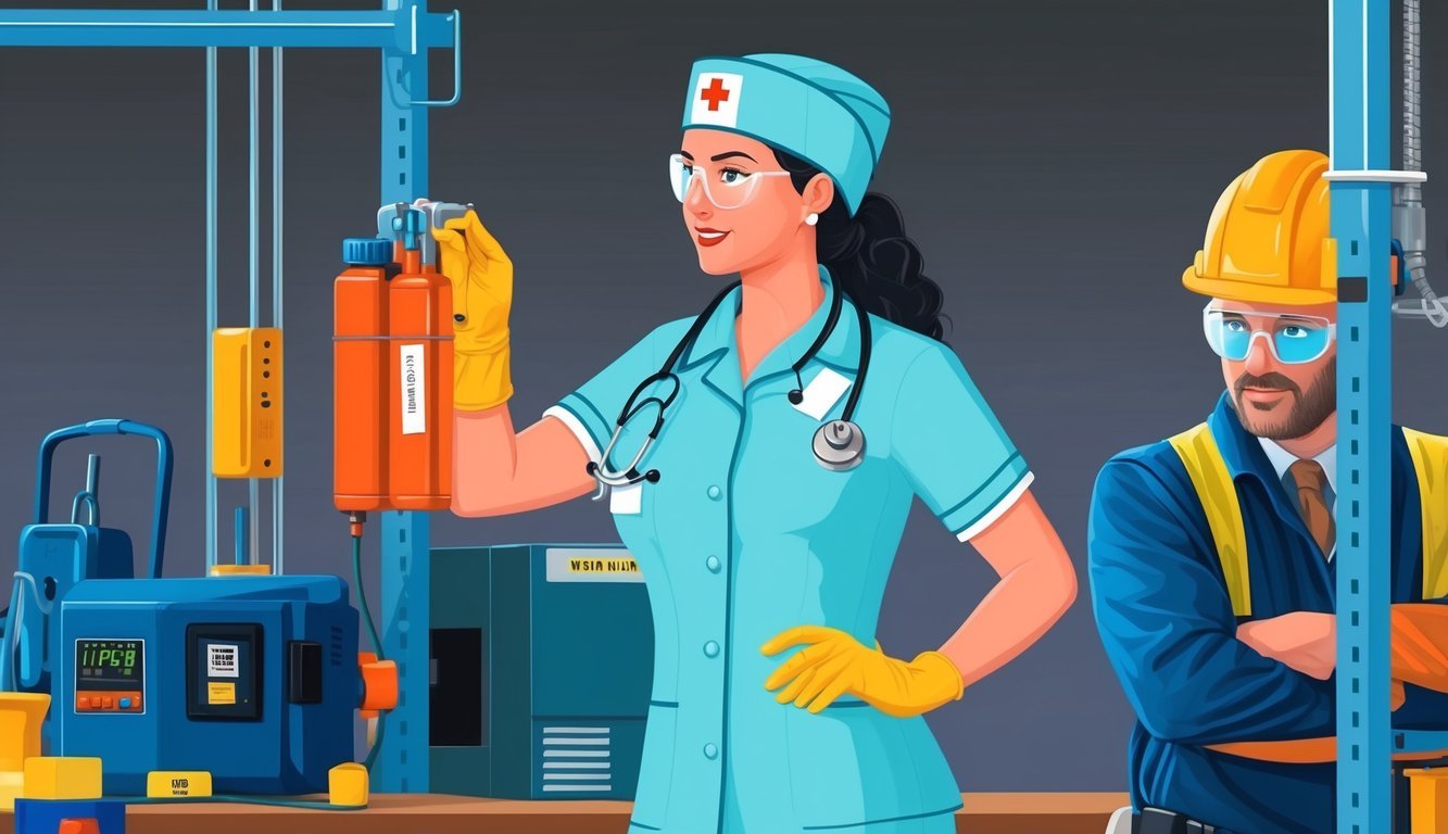 An occupational health nurse conducting a workplace safety inspection, checking equipment and conducting health assessments for employees