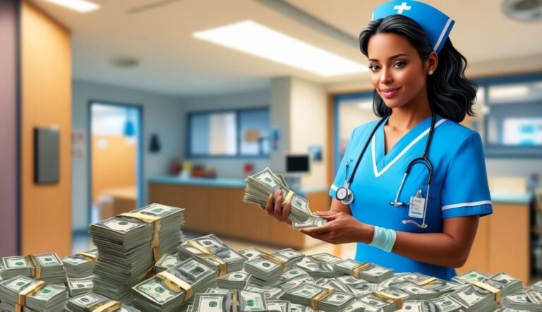 Nurse in scrubs holding money, surrounded by stacks of cash