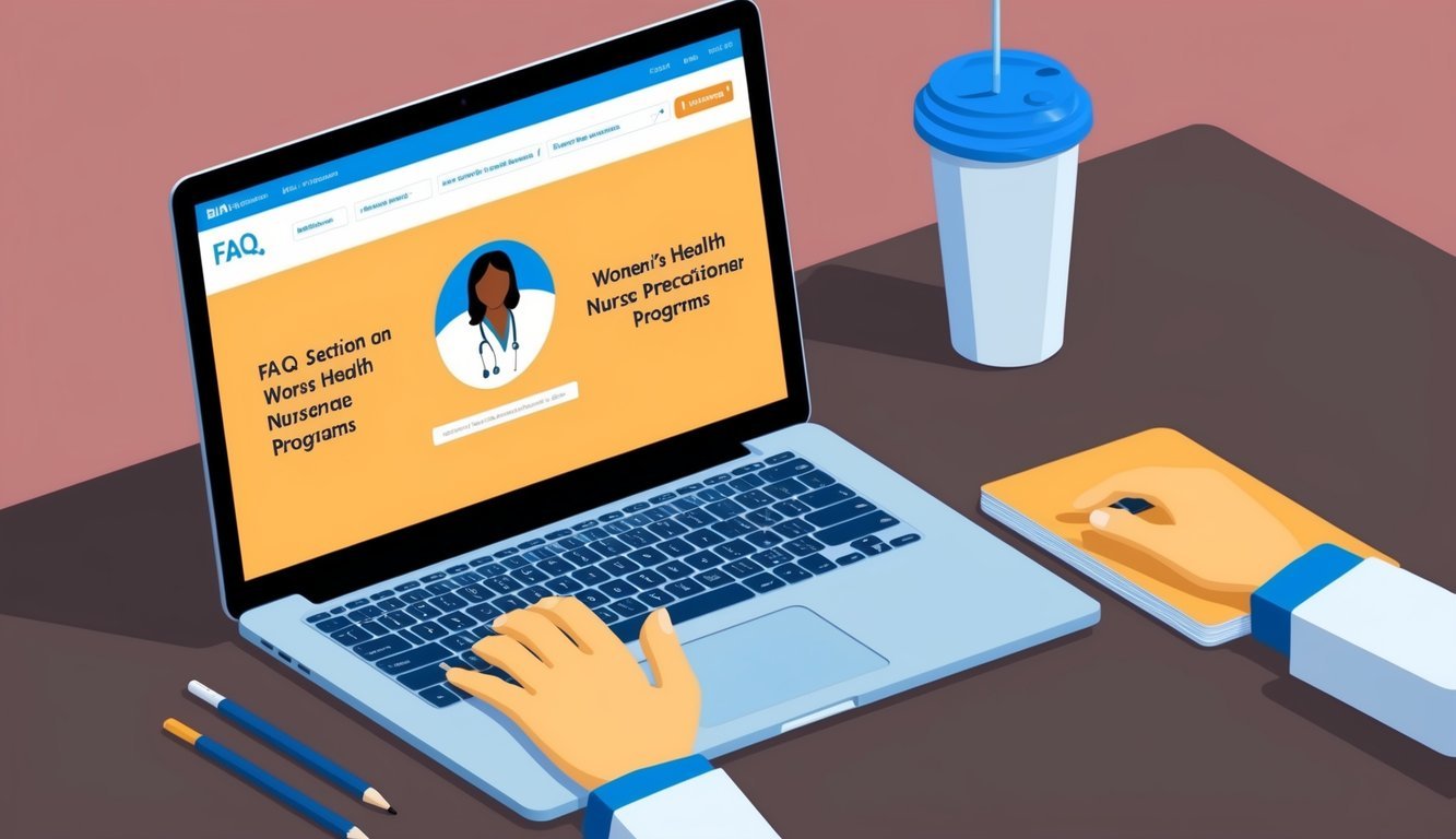 A laptop with a webpage open to an FAQ section on women's health nurse practitioner programs