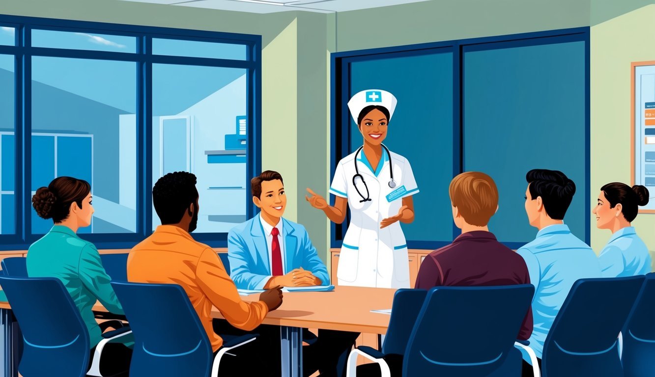An occupational health nurse conducting a training session for a group of employees in a workplace setting