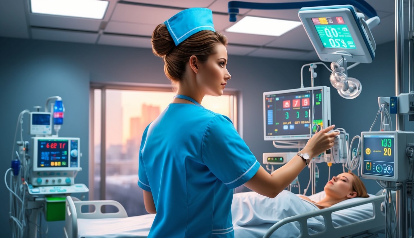 A nurse in an ICU, monitoring vital signs and adjusting medical equipment