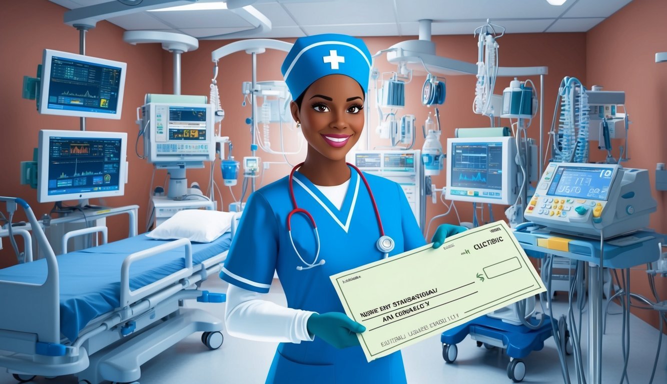A nurse in an ICU, surrounded by medical equipment and monitors, receiving a paycheck reflecting their salary