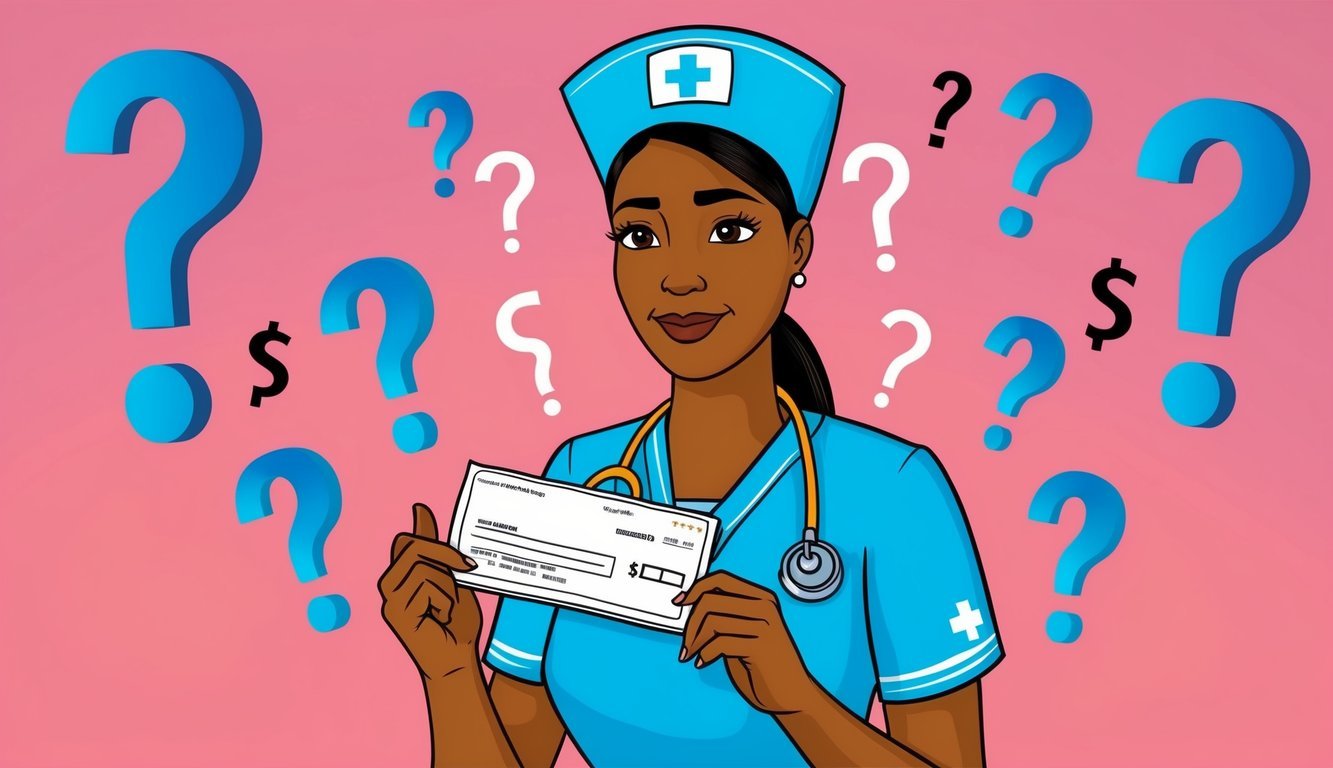 An ICU nurse holding a paycheck with a thoughtful expression, surrounded by question marks and dollar signs