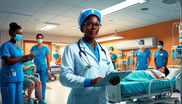 Nurse in scrubs and cap with other medical staff in a hospital room
