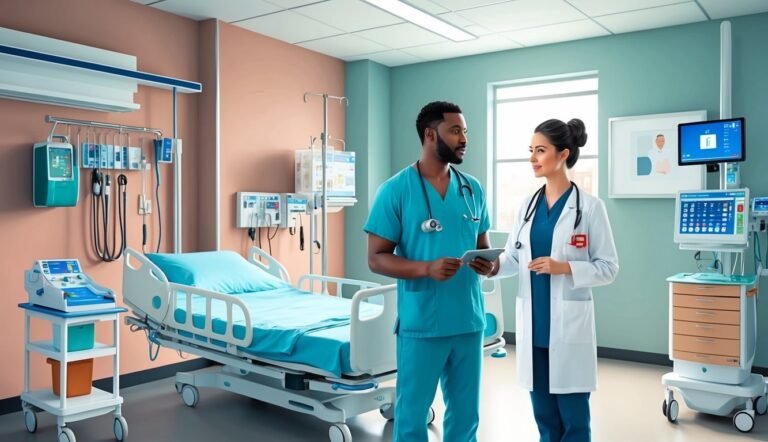 Two medical professionals in a hospital room with equipment and bed