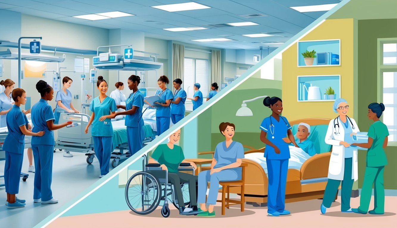 A bustling hospital ward with CNAs assisting patients, a tranquil home healthcare setting, and a lively rehabilitation center with diverse healthcare settings for CNAs