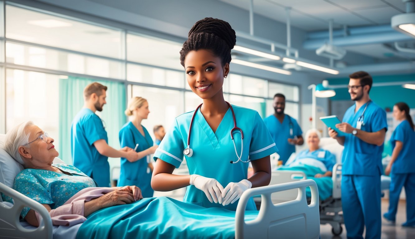 A CNA providing care in a bustling hospital ward, assisting patients and collaborating with medical staff