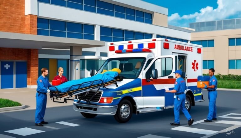 An ambulance and medical personnel outside a hospital building