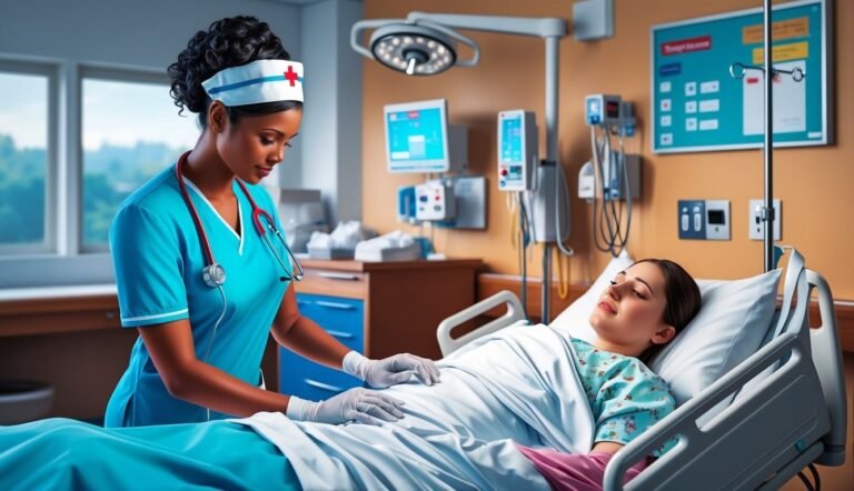 Nurse in scrubs examines a patient lying in a hospital bed
