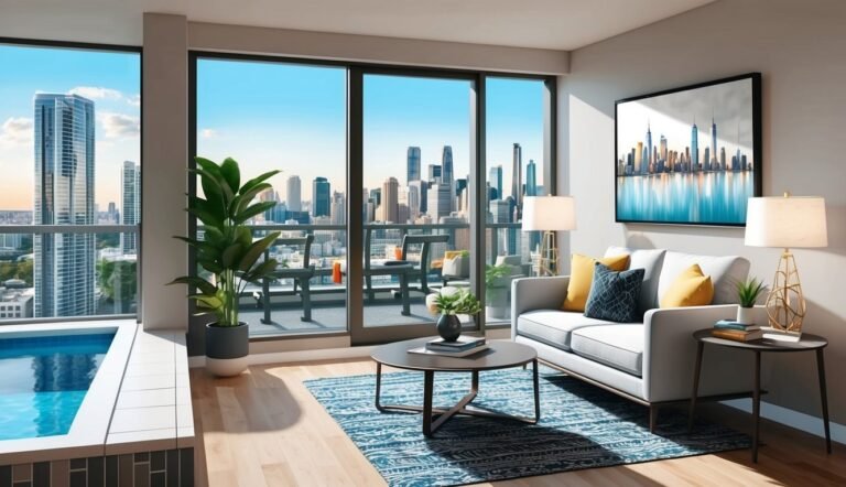 Modern apartment interior with city view, balcony, and a small pool