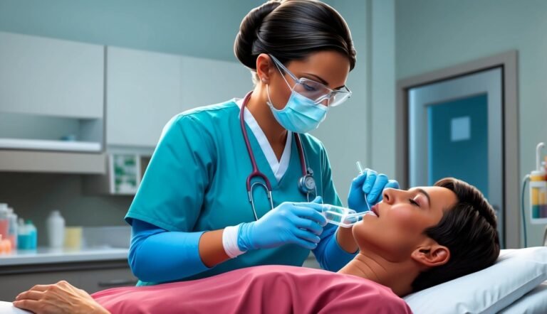Nurse with mask and gloves assisting patient with breathing apparatus