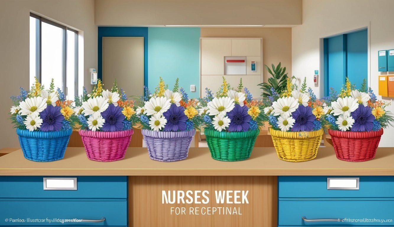 Six colorful flower arrangements in baskets on a desk, "Nurses Week" sign