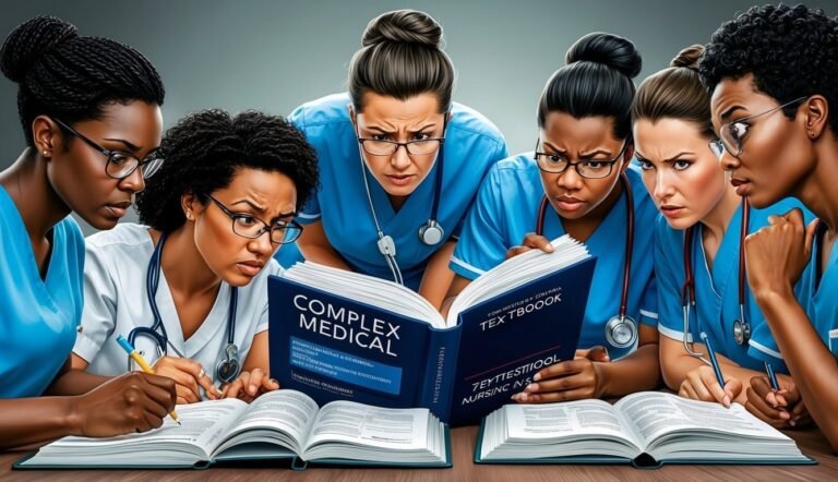 Six nurses studying complex medical textbooks, looking concerned and focused