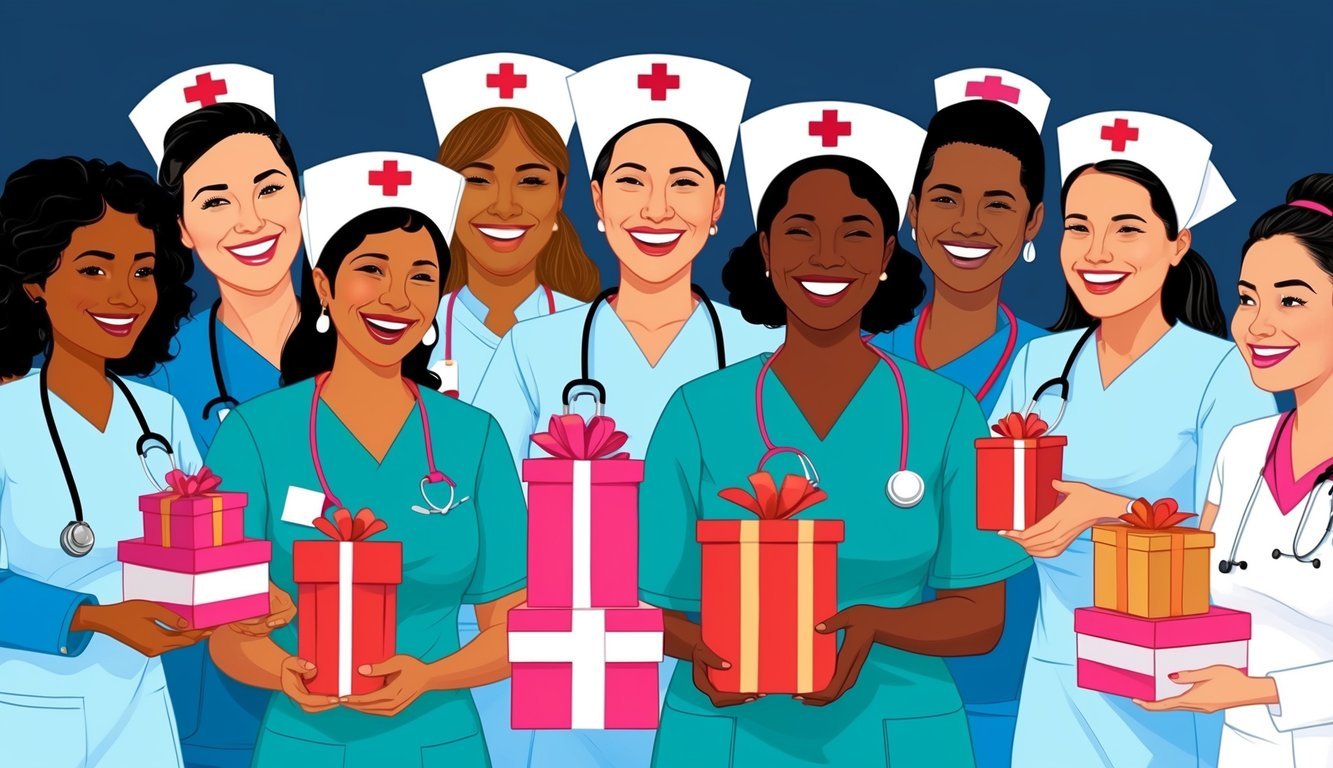 A group of nurses smiling and laughing while receiving gifts and appreciation from colleagues during Nurses Week celebration