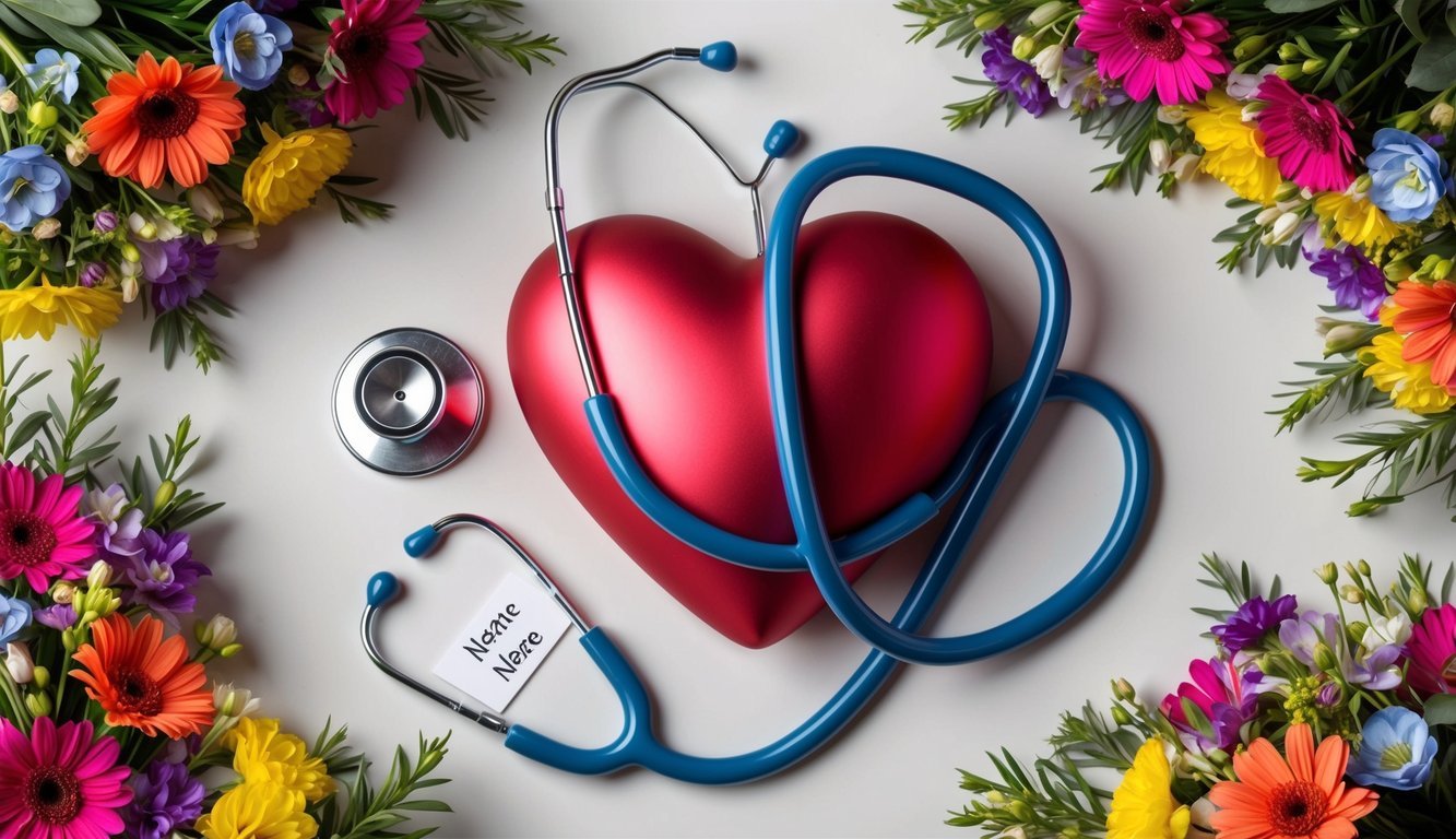 A stethoscope draped over a heart-shaped ornament, surrounded by a bouquet of colorful flowers and a personalized name tag