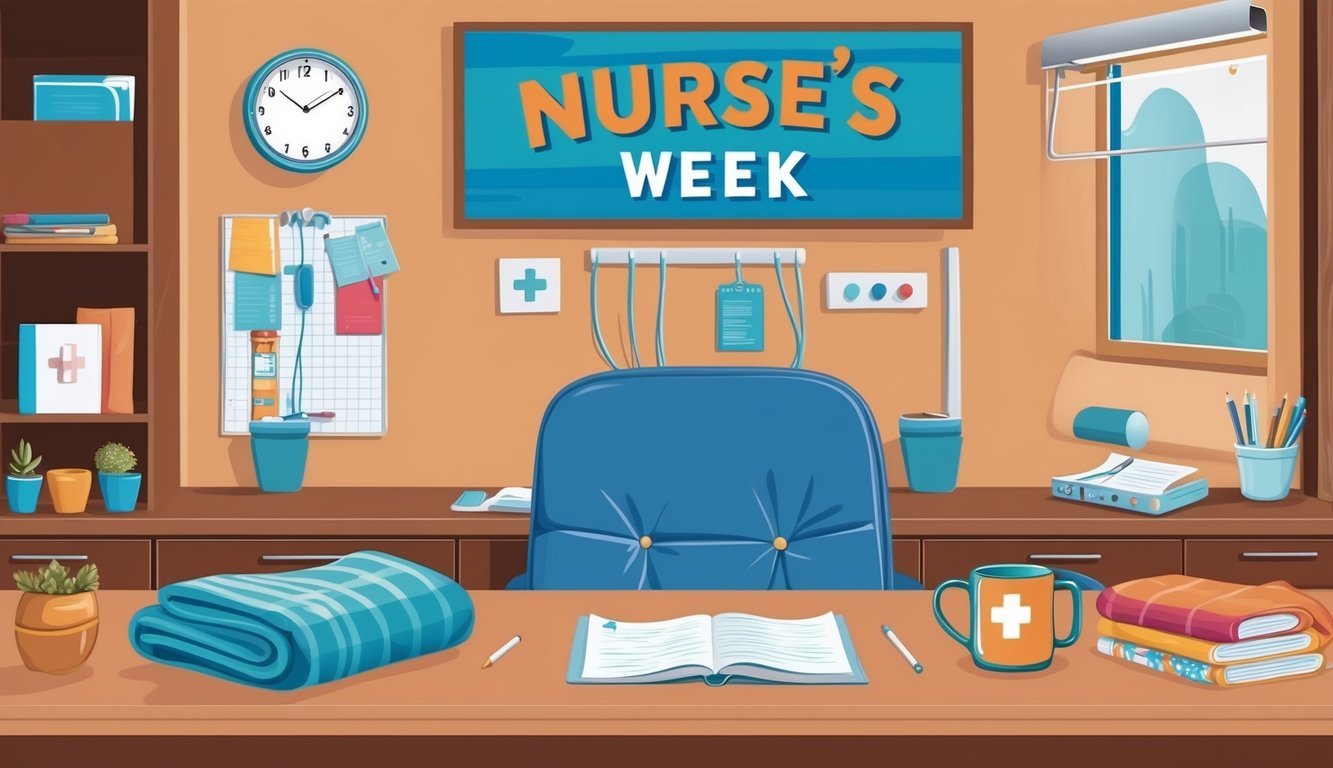A nurse's station with a cozy blanket, a warm mug, and a comfortable chair for Nurses Week