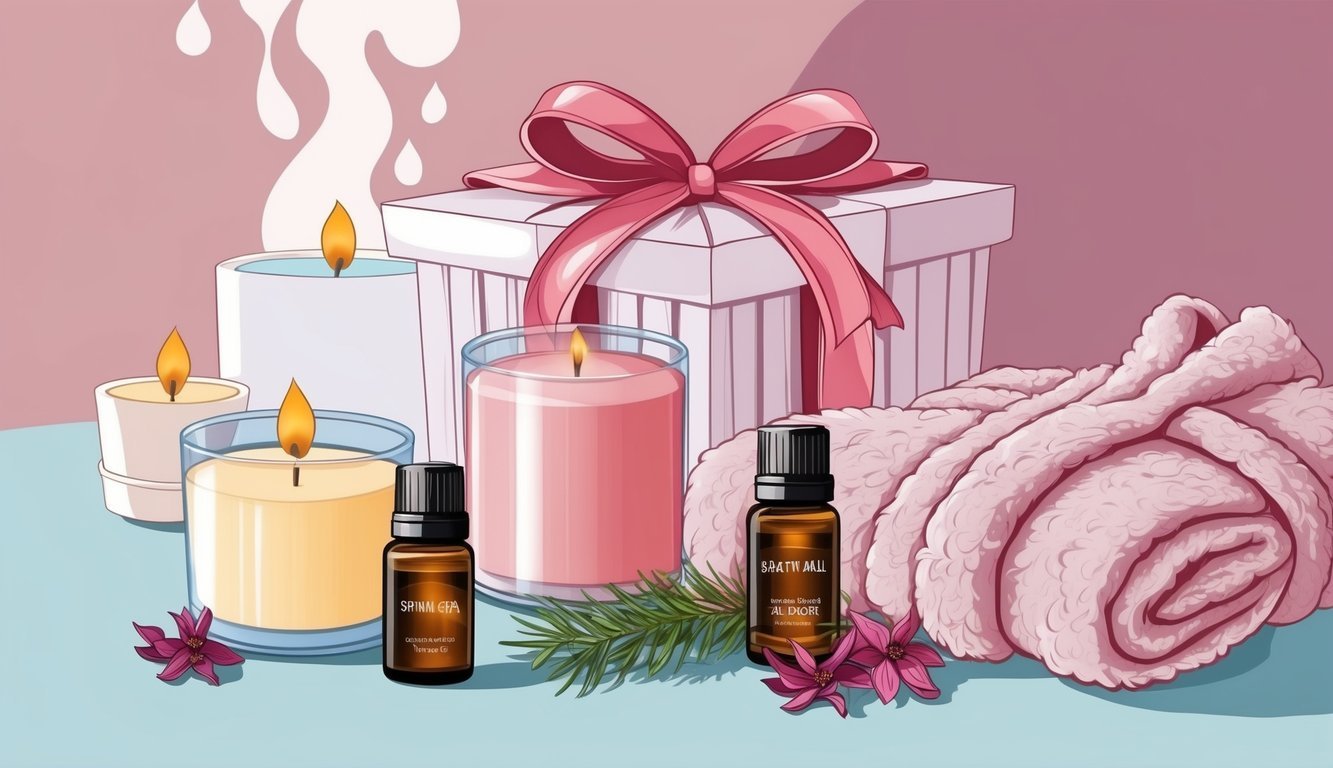 A cozy spa gift set with candles, essential oils, and a plush robe