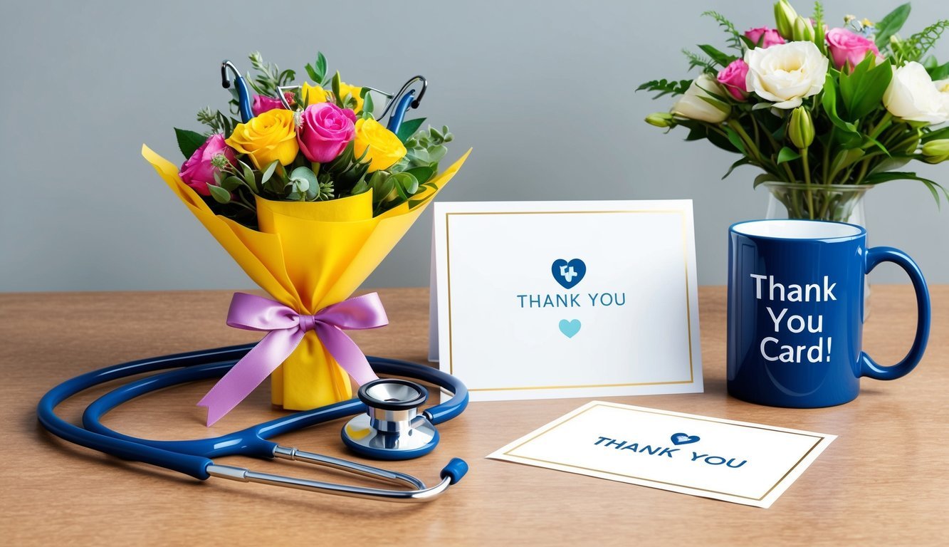 A stethoscope wrapped in a ribbon, a bouquet of flowers, a personalized mug, and a thank you card on a desk