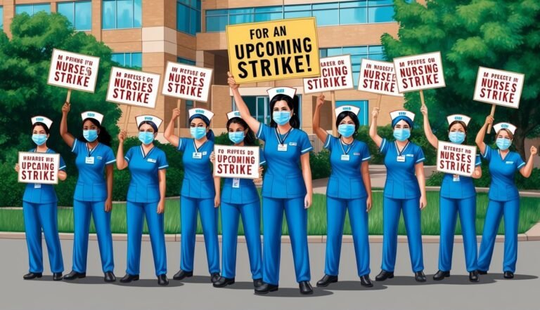 Nurses in scrubs protest with signs for an upcoming strike outside a building
