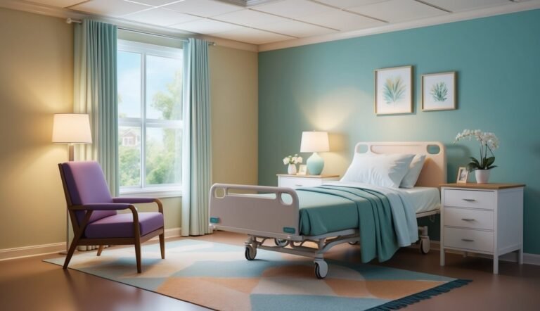 Hospital room with adjustable bed, chair, window, and bedside tables