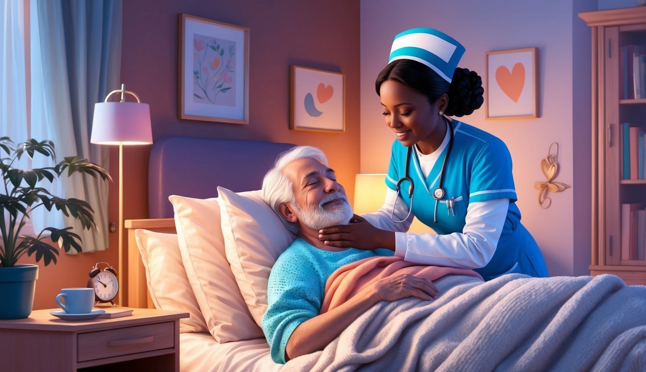 A hospice nurse comforting a patient in a cozy room filled with soft lighting and soothing music