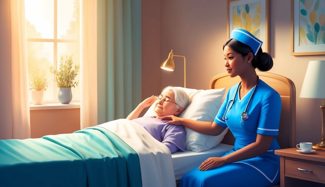 A hospice nurse sits beside a patient's bed, offering comfort and support.</p><p>The room is filled with soft, warm light and peaceful ambiance