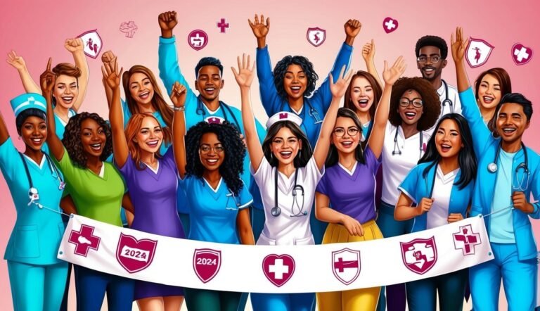 Group of diverse nurses celebrating with arms raised, banner with 2024