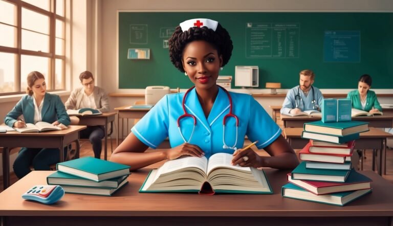 Nurse in classroom studying with books, other students in background