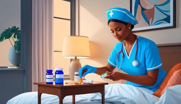 Nurse in blue scrubs prepares medication on a bedside table