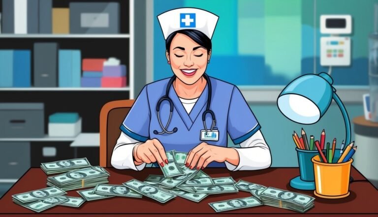 Smiling nurse counting stacks of money on a desk, medical office setting