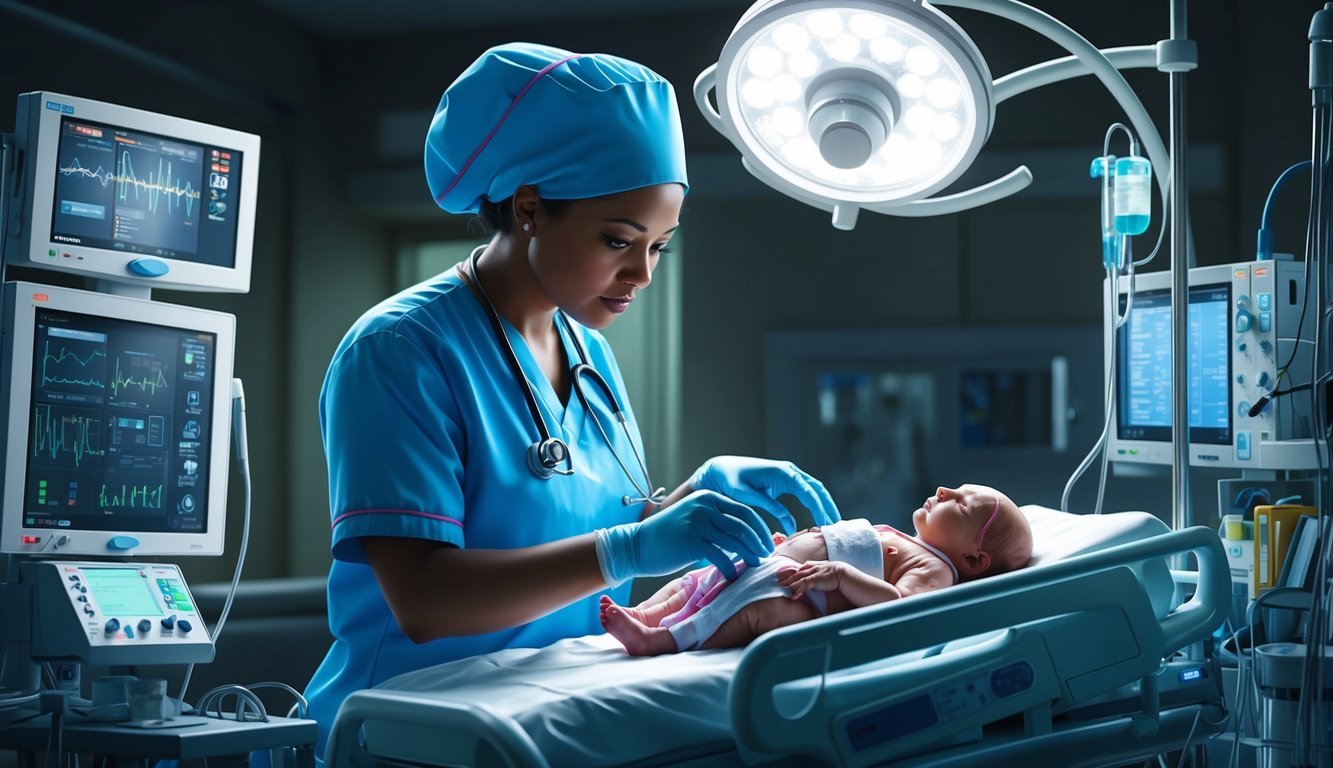 A neonatal nurse carefully tends to a tiny patient in a dimly lit hospital room, surrounded by monitors and medical equipment