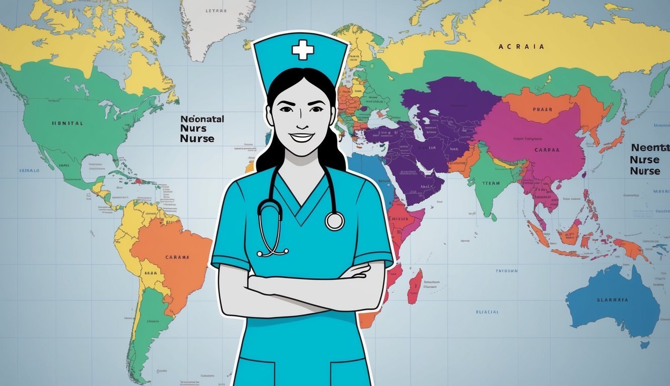 A neonatal nurse standing in front of a map showing salary variations across different geographic regions