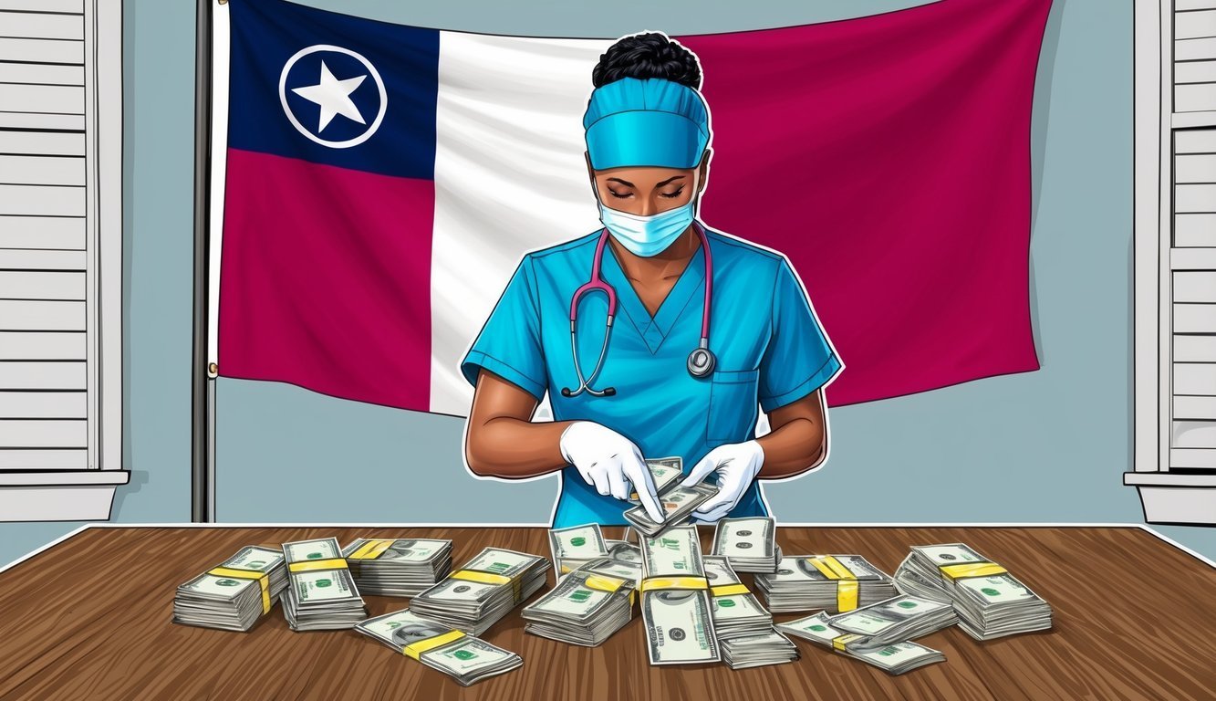 Nurse counting money in front of Texas flag. Stacks of cash on table