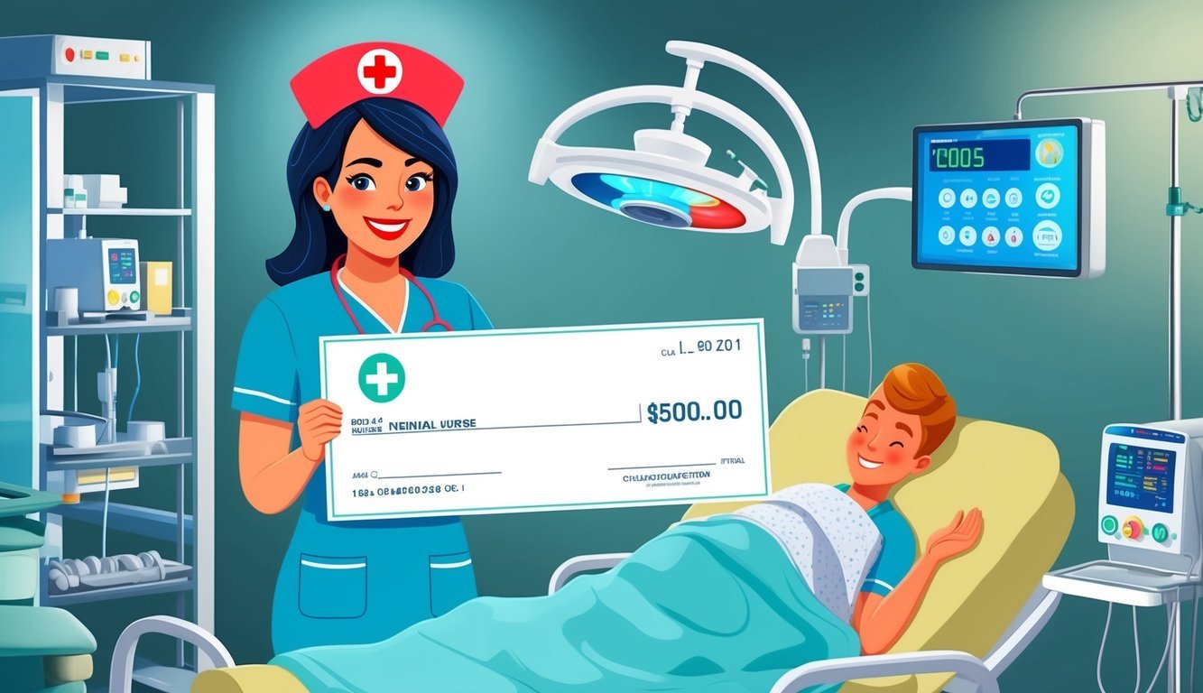 A neonatal nurse receiving a bonus check, surrounded by medical equipment and a comforting environment