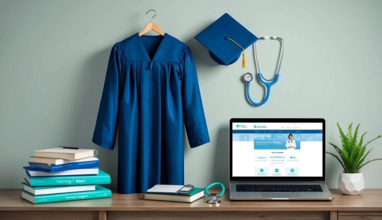 Blue graduation gown, cap, stethoscope, books, and laptop with medical website