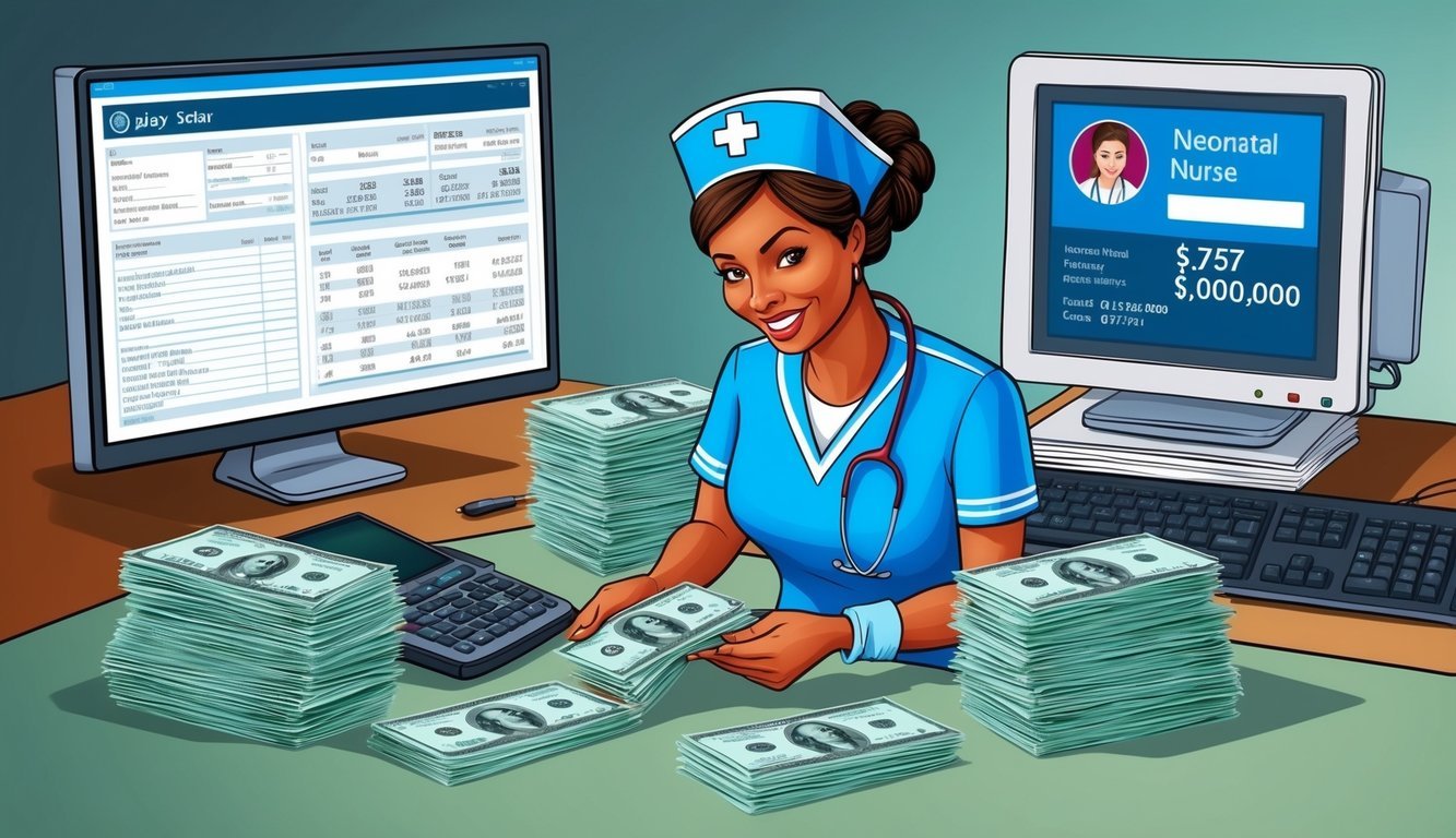 A neonatal nurse counting her paycheck amidst stacks of medical documents and a computer displaying salary information