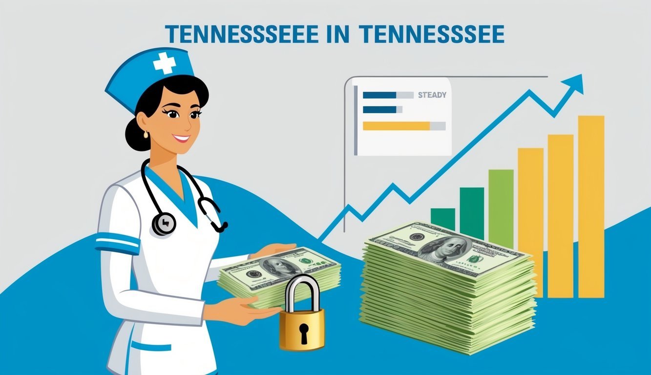 A nurse in Tennessee receives a steady paycheck, symbolized by a stack of dollar bills and a secure lock.</p><p>The background shows a positive employment outlook with a rising graph