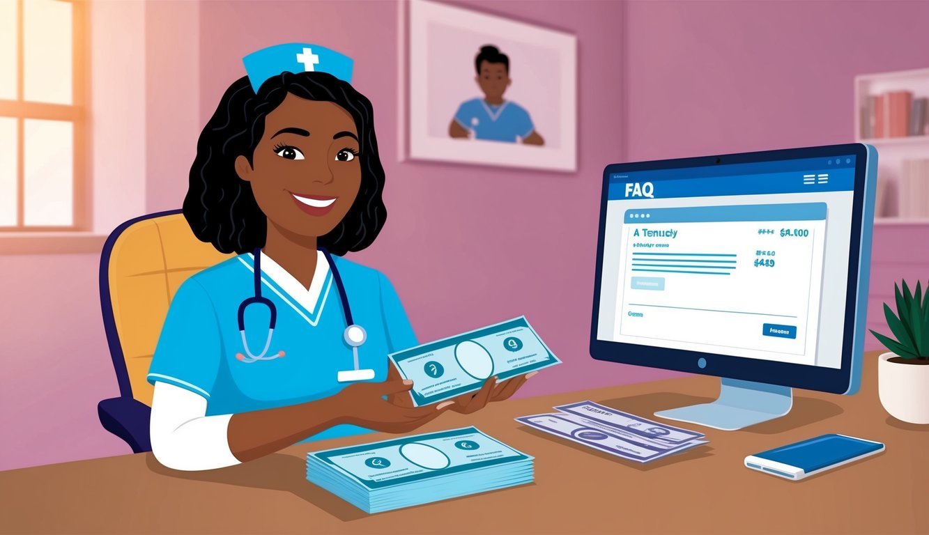 A nurse in Tennessee receiving a paycheck with a FAQ page open on a computer screen