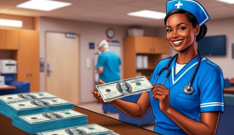 Smiling nurse holding a hundred dollar bill, stacks of money on table