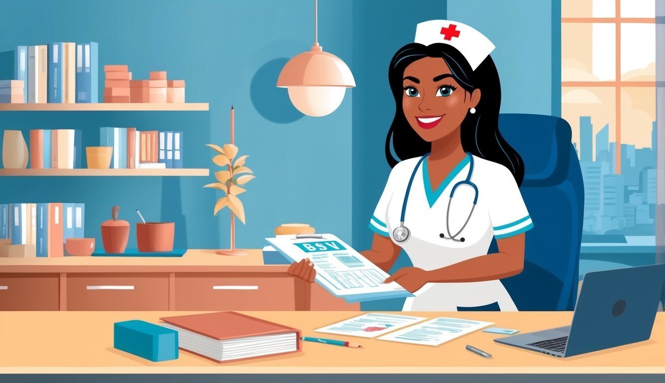Smiling nurse in uniform holding a clipboard, sitting at a desk
